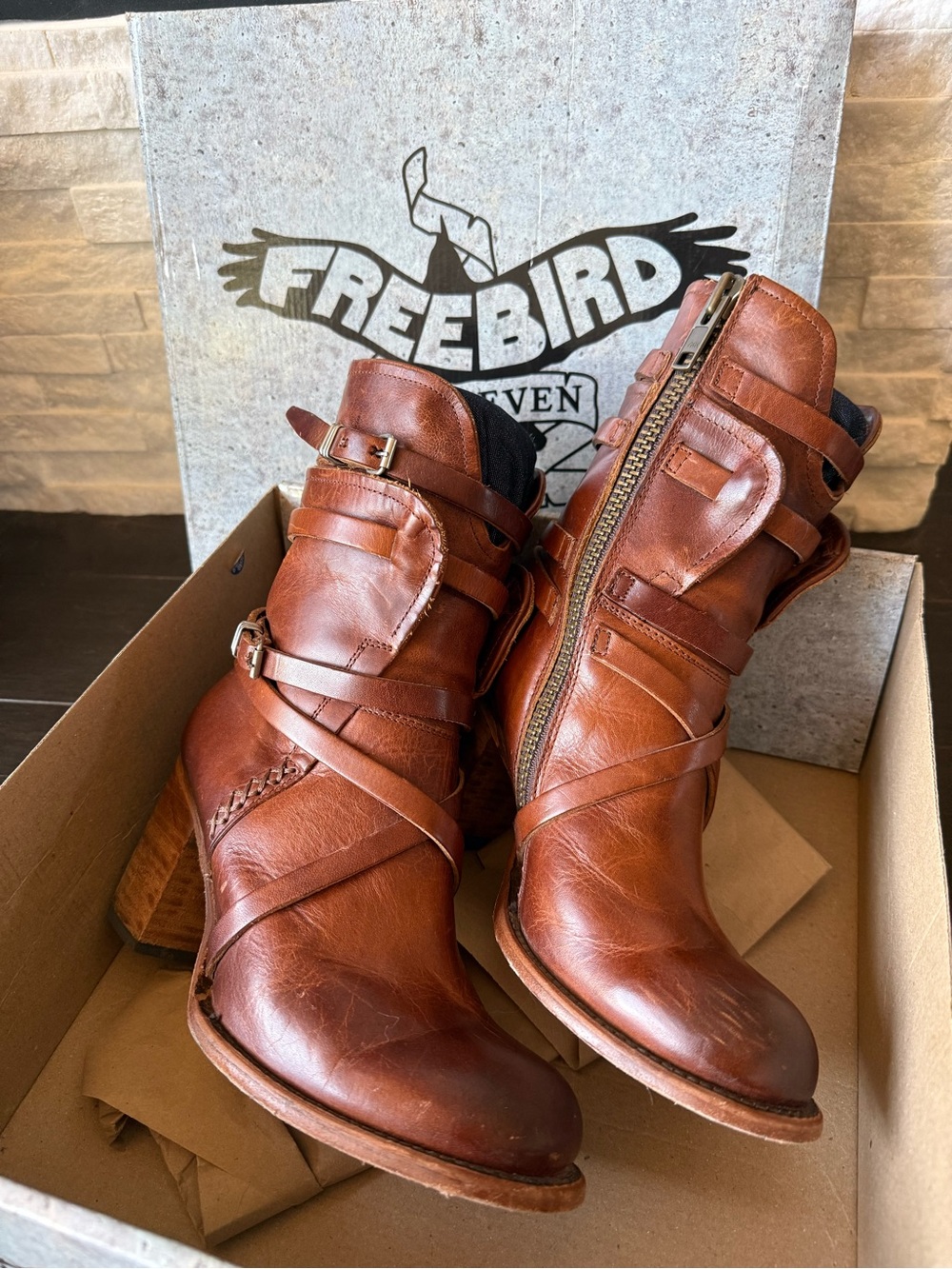 Freebird by Steven Baker Cognac Leather Strappy Zip Ankle Boots